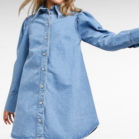 ASOS | Mid-Wash Blue Grunge Long Puff Sleeve Button Down Denim Shirt Dress - Picture 2 of 5